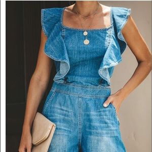 Backless Ruffle Trim Denim Romper!! CUTE!!